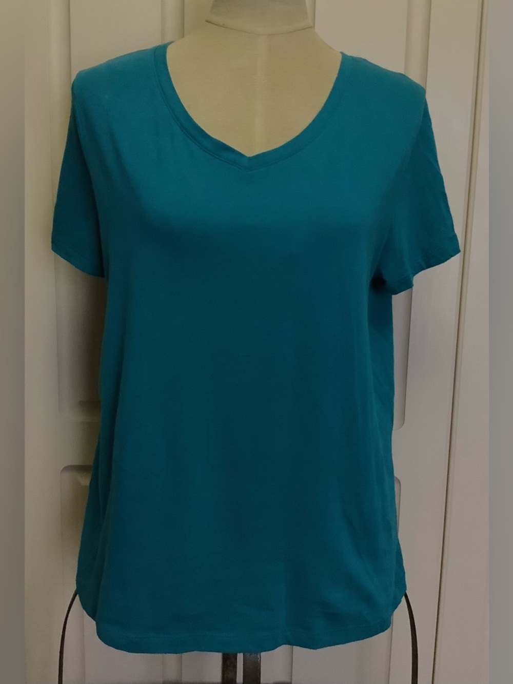 Time and Tru V-Neck Shirt Top-Teal-Short Sleeve-100% Cotton-Large 14-16